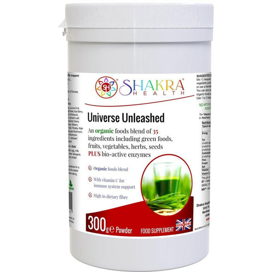 Buy Universe Unleashed | Organic Superfoods & Enzyme Combination at SacredRemedy.co.uk. Looking for quality Supplement? We stock Shakra Health Supplements: Organic superfood & enzyme combination. Universe Unleashed is no ordinary green shake - this Soil Association organic, high-fibre combination contains 35 green foods, vegetables, fruits, berries, herbs, sprouts, mushrooms and seeds plus bio-active enzymes - organic vegan nutrition made easy, with naturally high food form vitamin C content & plant protein