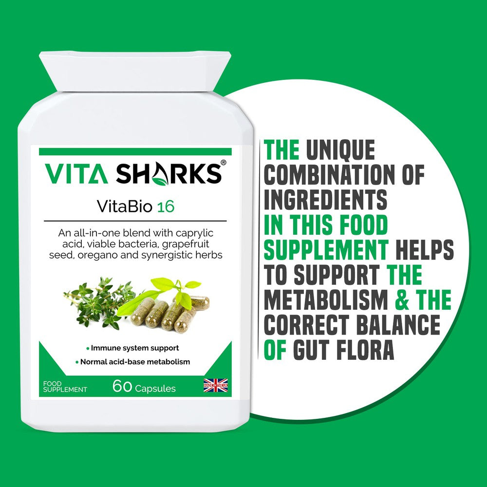 Buy VitaBio 16 | Cleanse, Detox & Immune Support at SacredRemedy.co.uk. Looking for quality Supplement? We stock Vita Sharks Supplements: Clinical trials have shown that a course of probiotics may also help shorten the length of certain sickness such as diarrhoea, colds and flu; as well as reducing symptoms caused by food intolerances and and an irritable bowel.