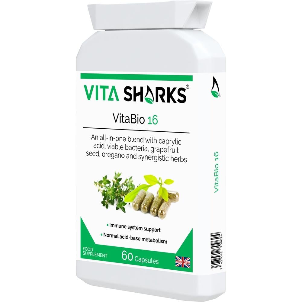 Buy VitaBio 16 | Cleanse, Detox & Immune Support at SacredRemedy.co.uk. Looking for quality Supplement? We stock Vita Sharks Supplements: Clinical trials have shown that a course of probiotics may also help shorten the length of certain sickness such as diarrhoea, colds and flu; as well as reducing symptoms caused by food intolerances and and an irritable bowel.