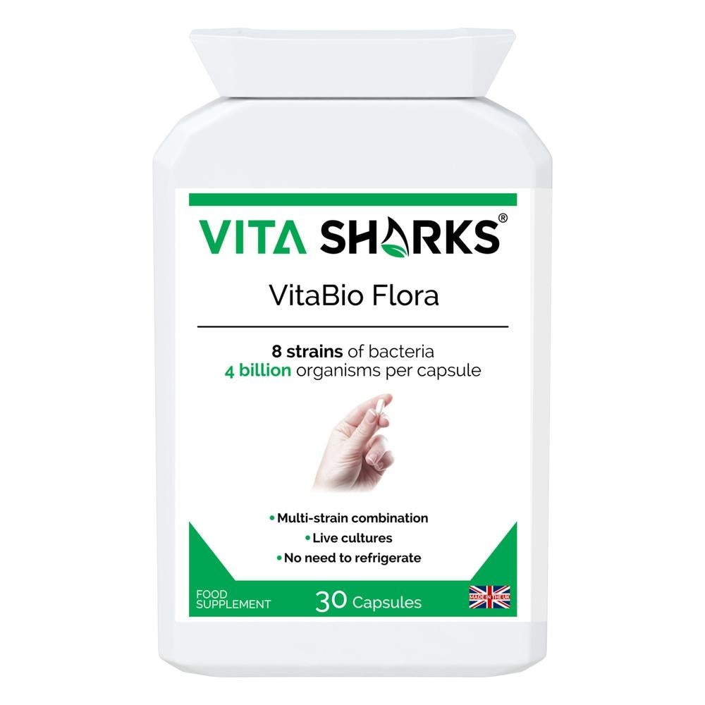 Buy VitaBio Flora | Probiotic Natural Immune & Gut Support at SacredRemedy.co.uk. Looking for quality Supplement? We stock Vita Sharks Supplements: A high-strength, multi-strain probiotic health supplement with 4 billion friendly bacteria per capsule. Specifically formulated for natural health practitioners who treat digestive and intestinal disorders. Ideal for use following antibiotics, travelling abroad and colonic hydrotherapy treatment. 