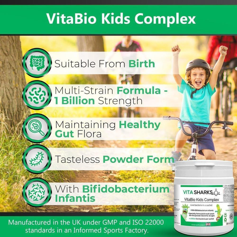 Buy VitaBio Kids Complex | Immune & Optimum Health Support for Kids - A probiotic health supplement for kids, suitable for babies & children of all ages. Designed to support healthy levels of intestinal flora after a course of antibiotics or following a digestive upset. It can also offer immunity support when returning to playgroups or pre-school and germs and viruses can be prevalent. at Sacred Remedy Online