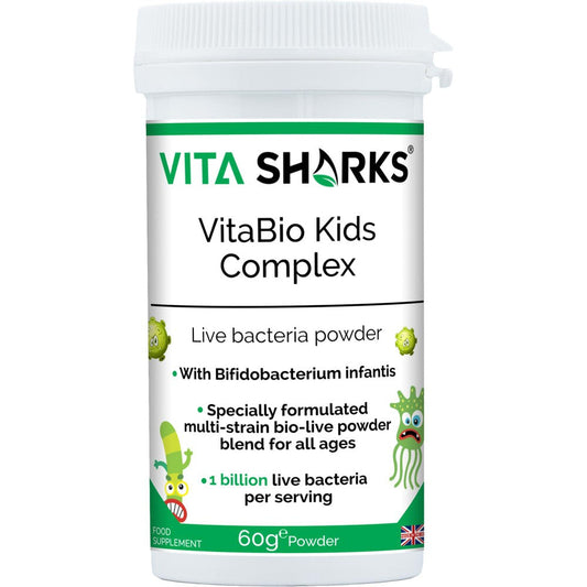 Buy VitaBio Kids Complex | Immune & Optimum Health Support for Kids at SacredRemedy.co.uk. Looking for quality Supplement? We stock Vita Sharks Supplements: A probiotic health supplement for kids, suitable for babies & children of all ages. Designed to support healthy levels of intestinal flora after a course of antibiotics or following a digestive upset. It can also offer immunity support when returning to playgroups or pre-school and germs and viruses can be prevalent.