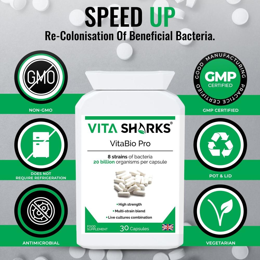 Buy VitaBio Pro | Quality UK Immune Health Support Supplements & Vitamins at SacredRemedy.co.uk. Looking for quality Supplement? We stock Vita Sharks Supplements: VitaBio Pro is a practitioner-strength, multi-strain probiotic supplement with 20 billion friendly bacteria per capsule - equivalent to 40 pots of probiotic yoghurt, but without the added sugar, dairy and fat. It provides 8 strains of friendly lactic bacteria which should inhabit a healthy gut, and offers full-spectrum support of the upper and low