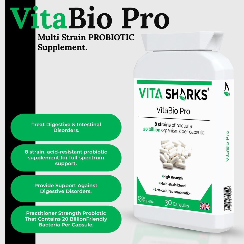 Buy VitaBio Pro | Quality UK Immune Health Support Supplements & Vitamins at SacredRemedy.co.uk. Looking for quality Supplement? We stock Vita Sharks Supplements: VitaBio Pro is a practitioner-strength, multi-strain probiotic supplement with 20 billion friendly bacteria per capsule - equivalent to 40 pots of probiotic yoghurt, but without the added sugar, dairy and fat. It provides 8 strains of friendly lactic bacteria which should inhabit a healthy gut, and offers full-spectrum support of the upper and low