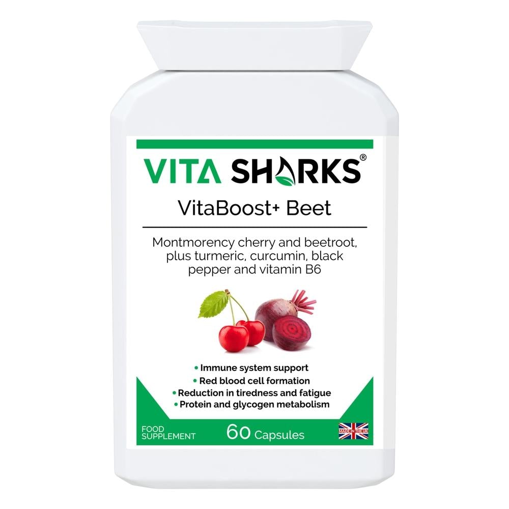 Buy VitaBoost+ Beet | Quality Natural Immune Supporting Antioxidants at SacredRemedy.co.uk. Looking for quality Supplement? We stock Vita Sharks Supplements: A supplement high in bioavailable antioxidants (including anthocyanins) containing non-irritating iron; with black pepper increasing absorption and utilisation of the beneficial ingredients in the formula. Supporting the reduction of tiredness and fatigue, energy-yielding metabolism, immunity, red blood cell formation.