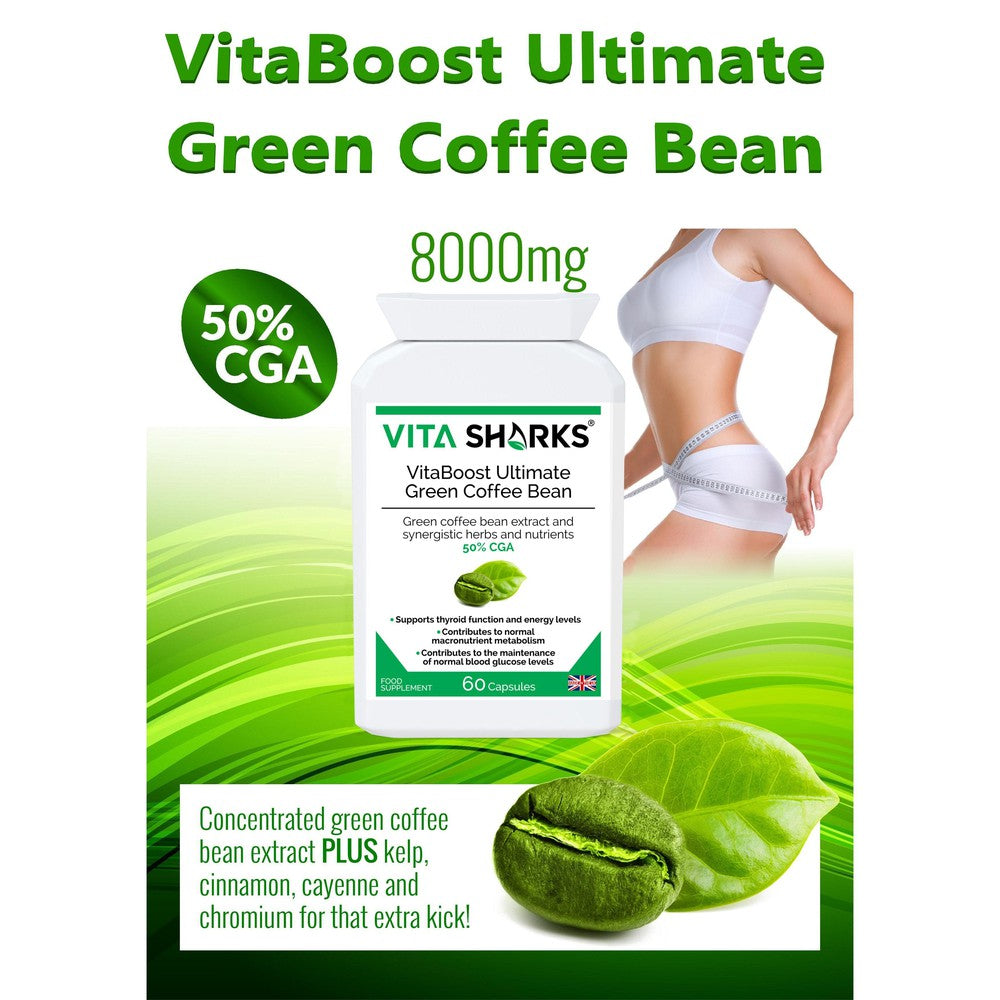 Buy VitaBoost Ultimate Green Coffee Bean | Appetite, cravings, training at SacredRemedy.co.uk. Looking for quality Supplement? We stock Vita Sharks Supplements: VitaBoost Ultimate Green Coffee Bean is a high-strength UK-manufactured supplement with 50% Chlorogenic Acid (CGA). Formulated with Kelp, Cinnamon, Cayenne and Chromium. It may support the balance of sugar levels and weight by slowly releasing glucose after meals. Achieve your new year goals and strive for optimal results with VitaBoost Ultimate Gre