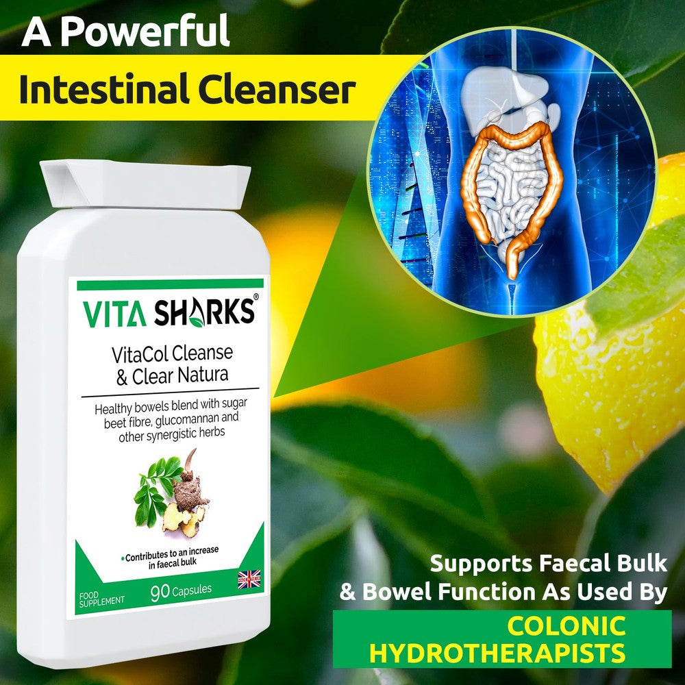 Buy VitaCol Cleanse & Clear Natura | High Quality Colon Cleanser at SacredRemedy.co.uk. Looking for quality Supplement? We stock Vita Sharks Supplements: A fast-acting colon cleanser, designed for the chronically constipated in need of strong treatment for a blocked bowel. Purgatives have been combined with carminatives to prevent griping. A tried and tested combination of active ingredients known as the ultimate herbal laxative. Sugar beet fibre has also been added to the formula, to offer specific support