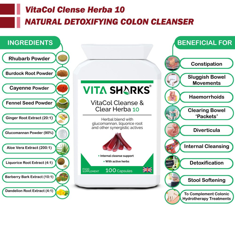 Buy VitaCol Cleanse Herba 10 | High Quality Colon Cleanser Supplement at SacredRemedy.co.uk. Looking for quality Supplement? We stock Vita Sharks Supplements: VitaCol Cleanse Herba 10 contains a range of active herbal ingredients which may support to cleanse the intestinal tract, soften the stool, stimulate the liver and improve peristalsis. This, in turn, helps to produce bowel movements & expel layers of old encrusted mucus and faecal matter that may have accumulated over time.