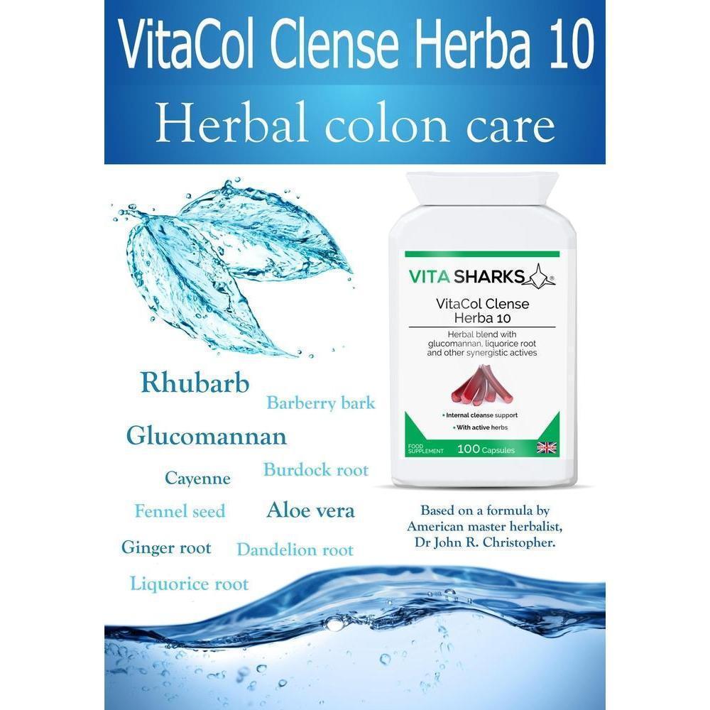 Buy VitaCol Cleanse Herba 10 | High Quality Colon Cleanser Supplement at SacredRemedy.co.uk. Looking for quality Supplement? We stock Vita Sharks Supplements: VitaCol Cleanse Herba 10 contains a range of active herbal ingredients which may support to cleanse the intestinal tract, soften the stool, stimulate the liver and improve peristalsis. This, in turn, helps to produce bowel movements & expel layers of old encrusted mucus and faecal matter that may have accumulated over time.