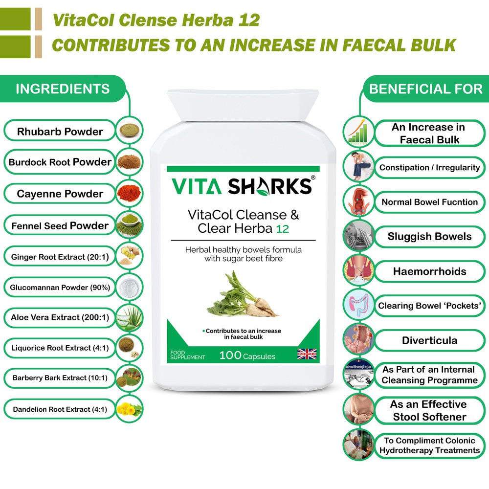 Buy VitaCol Cleanse Herba 12 | Potent Herbal Colon Cleanser Supplement at SacredRemedy.co.uk. Looking for quality Supplement? We stock Vita Sharks Supplements: Popular with colonic hydrotherapists, VitaCol Cleanse Herba 12 contains a range of active herbal ingredients specifically selected to contribute to an increase in faecal bulk & normal bowel function. They also act to gently cleanse, stimulate and tone the bowel wall, supporting a move towards unassisted bowel movements.