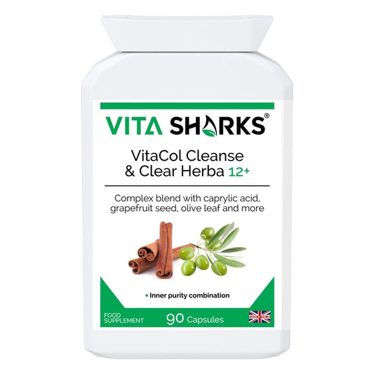 Buy VitaCol Clense Herba 12+ | Quality Cleanse & Detox Health Supplement at SacredRemedy.co.uk. Looking for quality Supplement? We stock Vita Sharks Supplements: VitaCol Clense Herba 12+ is a broad-spectrum gastrointestinal cleanse & detox supplement, to support a balanced lower digestive tract & protect against internal parasites, worms & other harmful micro-organisms. It contains a range of tried and tested herbs and concentrated foods to support digestive tract health.