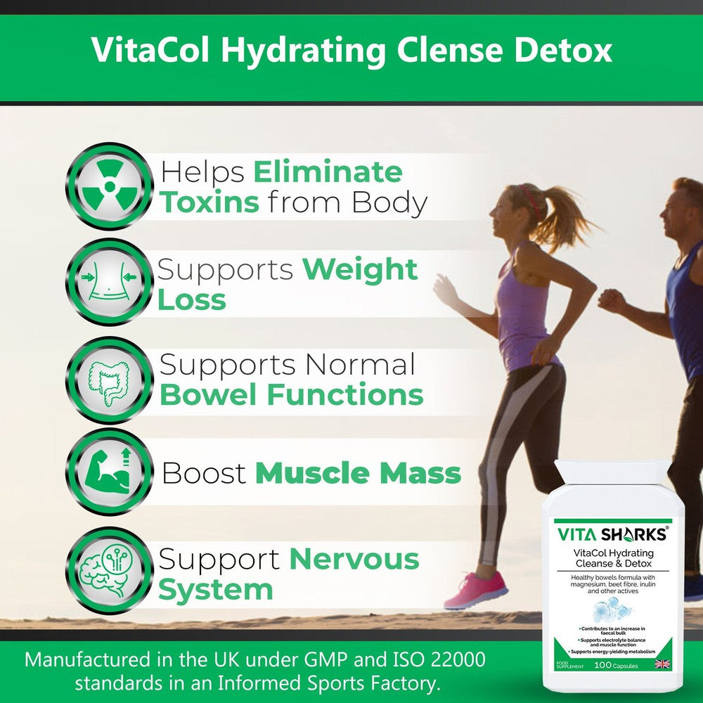 Buy VitaCol Hydrating Clense & Detox Quality UK Health Supplement at SacredRemedy.co.uk. Looking for quality Supplement? We stock Vita Sharks Supplements: A powerful, yet gentle, non-habit forming health supplement colonics formula, with nutrients specifically selected to contribute to an increase in faecal bulk and normal bowel function.