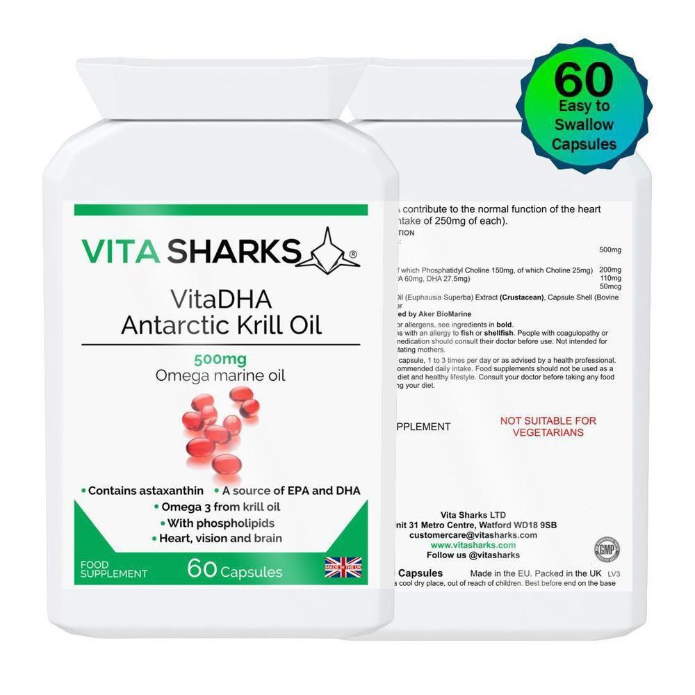 Buy VitaDHA Antarctic Krill Oil | High Strength Omega 3 Health Supplements at SacredRemedy.co.uk. Looking for quality Supplement? We stock Vita Sharks Supplements: VitaDHA Antarctic Krill Oil is a powerful antioxidant and a natural source of high concentration omega 3 oil. Krill oil is used for the same reasons as cod liver oil, flax oil and other omega 3 fatty acids, but is often favoured because it does not cause fishy burps or an after-taste - a common side effect of fish oil.