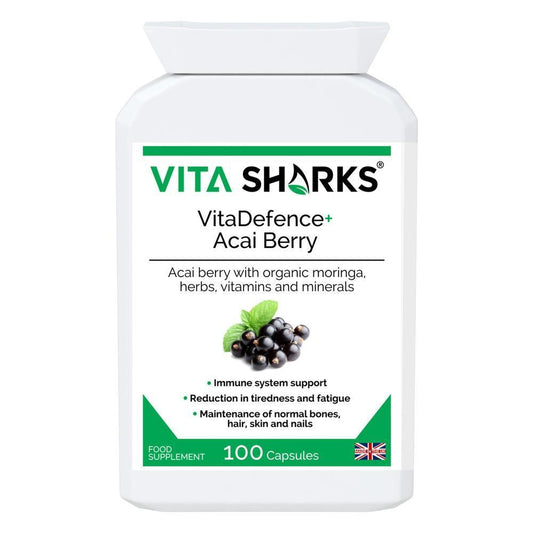 Buy VitaDefence+ Acai Berry | High Potency Immune Health Vitamin Support at SacredRemedy.co.uk. Looking for quality Supplement? We stock Vita Sharks Supplements: Rich in Vitamins, Minerals, Phyto-Nutrients & Polyphenols; all-round support for energy, immunity, health and vitality. Protection against free radical damage, support for Bones, Skin, hair and nails. Beneficial for; Weight loss Inflammation, Blood sugar levels, Cholesterol levels & Protection against premature ageing.