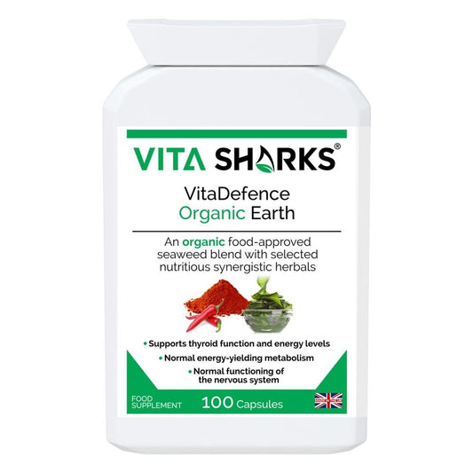 Buy VitaDefence Organic Earth | Quality Immune Health Vitamin Supplements at SacredRemedy.co.uk. Looking for quality Supplement? We stock Vita Sharks Supplements: A powerful all-in-one alkalising, cleansing, detoxification and daily nourishment formula, which combines the best of nutrient-dense foods from both the sea and Earth’s soil. This food supplement is iodine-rich and high in a broad spectrum of protective nutrients, including antioxidants, phyto-chemicals, polyphenols, enzymes, amino acids, vitamins