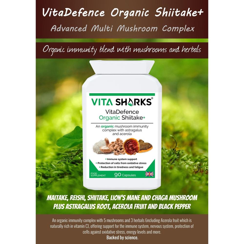 Buy VitaDefence Organic Shiitake+ | Quality Immune Health Supplement at SacredRemedy.co.uk. Looking for quality Supplement? We stock Vita Sharks Supplements: An organic mushroom immunity blend with Maitake, Reishi, Shiitake, Lion's Mane, Chaga PLUS Astragalus root, Acerola fruit and black pepper - all in one convenient capsule, providing important nutrients (such as vitamin C and vegan vitamin D) and active ingredients that are not found in other plants. 