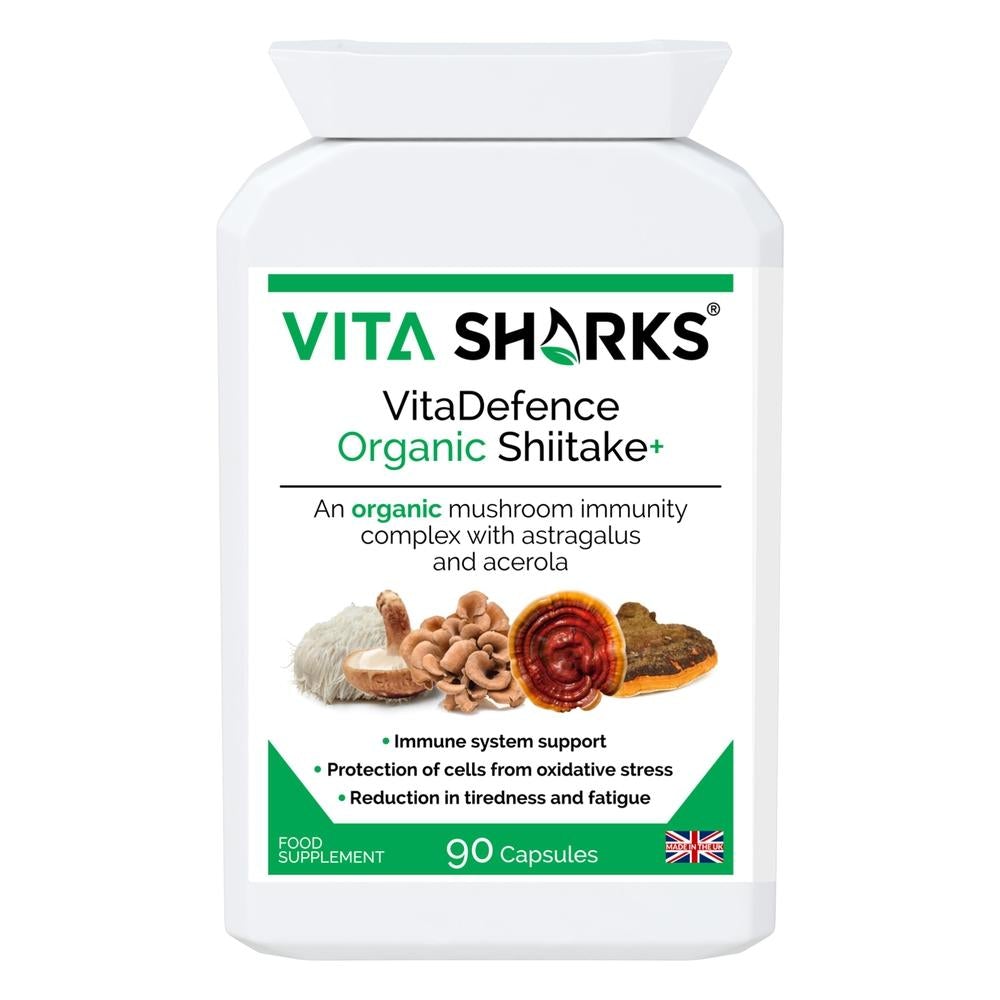 Buy VitaDefence Organic Shiitake+ | Quality Immune Health Supplement at SacredRemedy.co.uk. Looking for quality Supplement? We stock Vita Sharks Supplements: An organic mushroom immunity blend with Maitake, Reishi, Shiitake, Lion's Mane, Chaga PLUS Astragalus root, Acerola fruit and black pepper - all in one convenient capsule, providing important nutrients (such as vitamin C and vegan vitamin D) and active ingredients that are not found in other plants. 