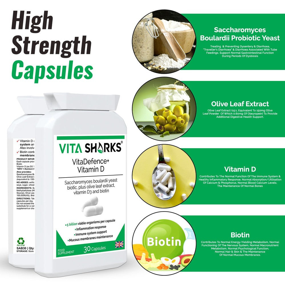 Buy VitaDefence+ Vitamin D | Quality Immune Health Vitamin Supplements at SacredRemedy.co.uk. Looking for quality Supplement? We stock Vita Sharks Supplements: A high-strength Saccharomyces boulardii probiotic yeast plus added olive leaf extract, vitamin D3 and biotin supplement. Vitamin D contributes to inflammation response, biotin supports healthy mucous membranes & Saccharomyces Boulardii prevents pathogenic bacteria (such as E.Coli) from adhering to the intestinal walls.