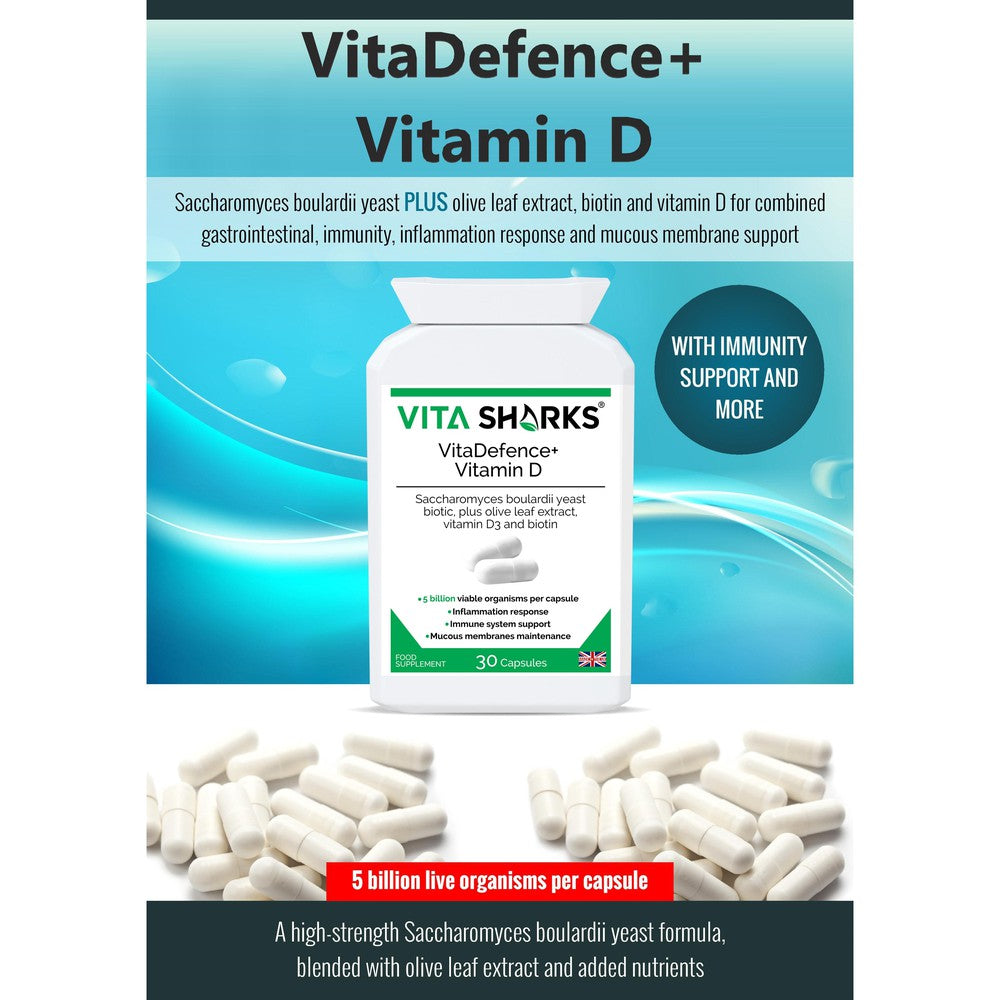 Buy VitaDefence+ Vitamin D | Quality Immune Health Vitamin Supplements at SacredRemedy.co.uk. Looking for quality Supplement? We stock Vita Sharks Supplements: A high-strength Saccharomyces boulardii probiotic yeast plus added olive leaf extract, vitamin D3 and biotin supplement. Vitamin D contributes to inflammation response, biotin supports healthy mucous membranes & Saccharomyces Boulardii prevents pathogenic bacteria (such as E.Coli) from adhering to the intestinal walls.