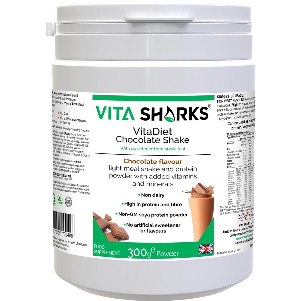 Buy VitaDiet Chocolate Shake | Vegan Meal Replacement Immune Health at SacredRemedy.co.uk. Looking for quality Supplement? We stock Vita Sharks Supplements: A dairy-free, gluten-free & vegan meal shake & non-GM soya isolate protein powder that has been fortified with vitamins and minerals. High in protein, low in saturated fat & with no artificial sweeteners, this chocolate flavoured daily shake is also high in dietary fibre. A tasty, guilt-free dessert - just 93 calories per serving! Also available in Vani