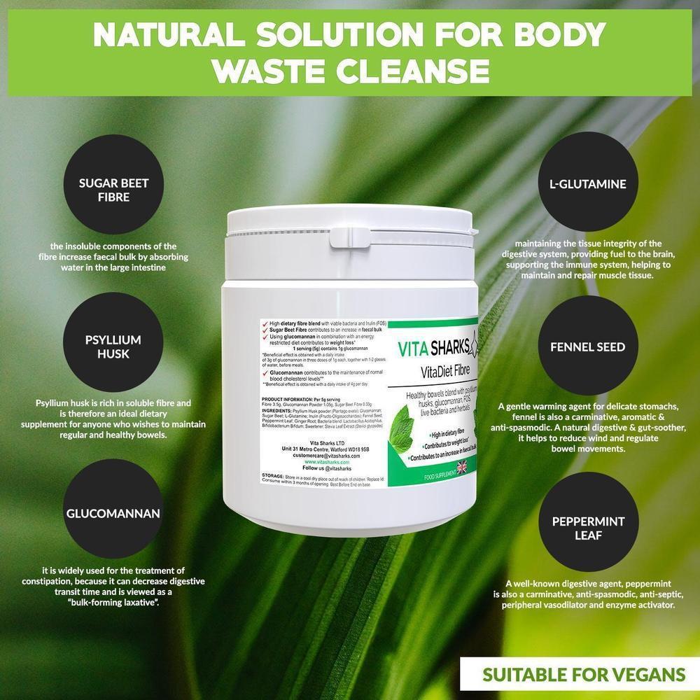 Buy VitaDiet Fibre | High Quality Immune Health Vitamin Supplements - An all-in-one dietary fibre based colon cleanser, detoxification & weight loss health supplement with a special combination of psyllium husks, glucommanan, sugar beet fibre, L-Glutamine, prebiotics, probiotics, gut-soothing herbs and stevia leaf extract. Ideal for long-term use as a bowel cleanser and detoxifier. at Sacred Remedy Online