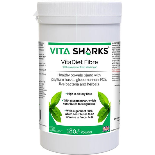 Buy VitaDiet Fibre | High Quality Immune Health Vitamin Supplements at SacredRemedy.co.uk. Looking for quality Supplement? We stock Vita Sharks Supplements: An all-in-one dietary fibre based colon cleanser, detoxification & weight loss health supplement with a special combination of psyllium husks, glucommanan, sugar beet fibre, L-Glutamine, prebiotics, probiotics, gut-soothing herbs and stevia leaf extract. Ideal for long-term use as a bowel cleanser and detoxifier.