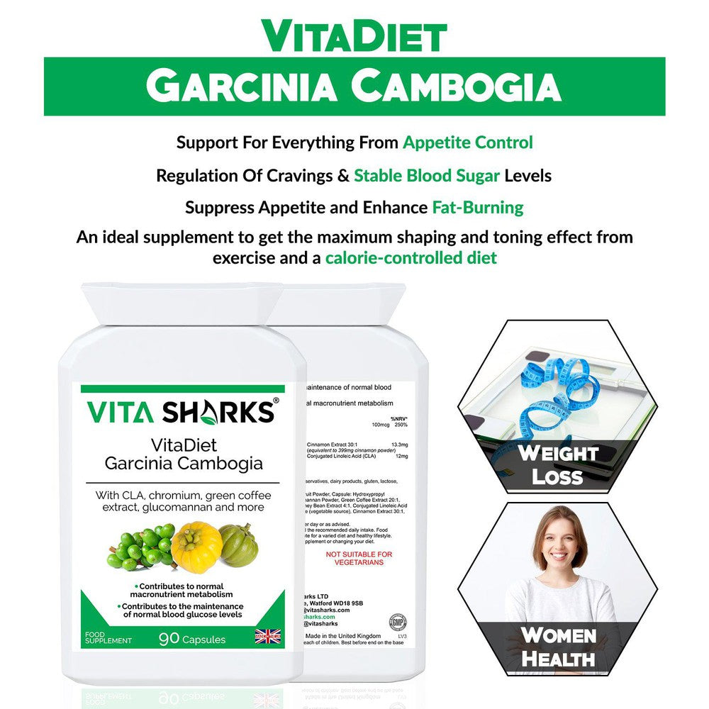 Buy VitaDiet Garcinia Cambogia | Trim Your Waistline Naturally at SacredRemedy.co.uk. Looking for quality Supplement? We stock Vita Sharks Supplements: Love your new silhouette with VitaDiet Garcinia Cambogia! It's the perfect partner to help you shed those pesky love handles and get the most out of your diet and exercise routine. The powerful combination of carb-blocking ingredients may support to encourage your metabolism into motion, allowing you to experience maximal toning and shaping effects!