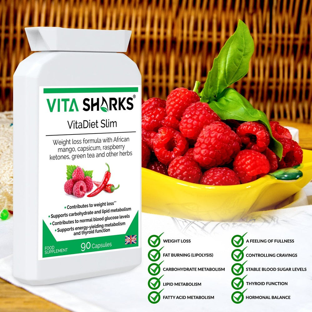 Buy VitaDiet Slim | Thermogenic Fat Metaboliser Quality Dieting Supplement at SacredRemedy.co.uk. Looking for quality Supplement? We stock Vita Sharks Supplements: A thermogenic fat metaboliser & herbal weight management health supplement, supporting the body's natural fat burning processes, along with the feeling of fullness, energy levels, thyroid function, carbohydrate, lipid and fatty acid metabolism, stable blood sugar levels & other vital aspects of effective weight loss.