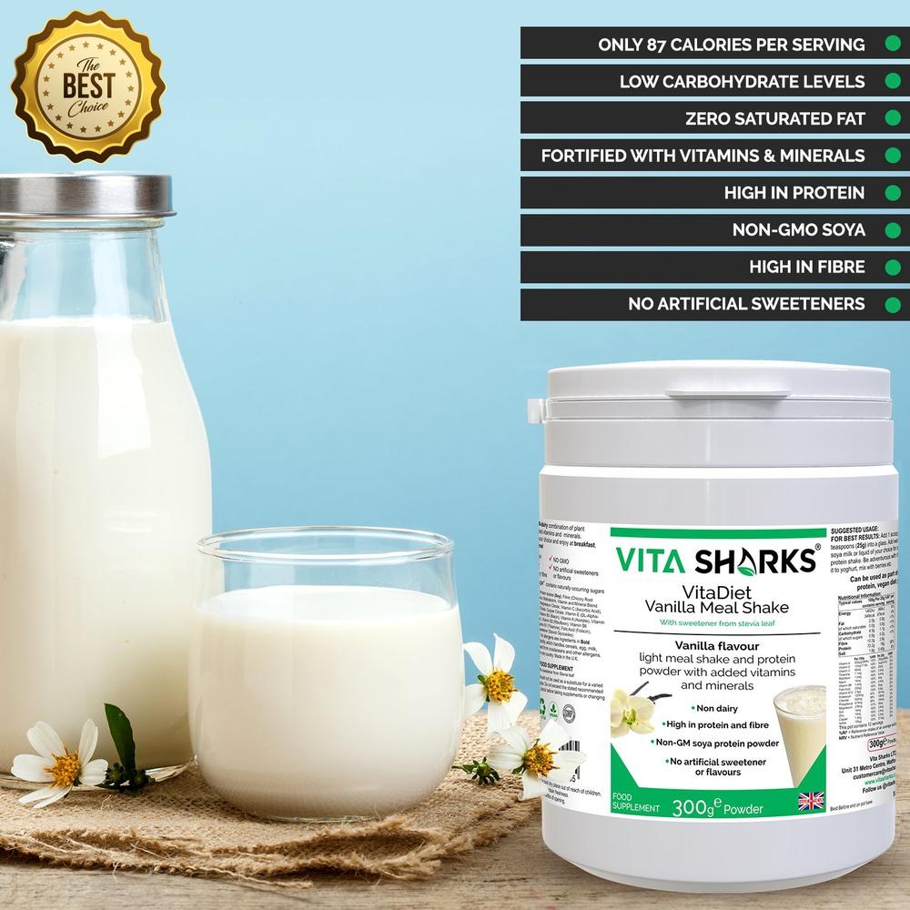 Buy VitaDiet Vanilla | Meal Replacement Shake Immune Health Supplements at SacredRemedy.co.uk. Looking for quality Supplement? We stock Vita Sharks Supplements: Tasty filling meal shake or guilt-free dessert at just 87 calories per serving! Ideal daily shake for slimmers as part of a calorie-controlled diet. Low in fat & fortified with vitamins minerals, also containing fibre adding bulk and promoting a feeling of fullness (helping to curb the appetite).