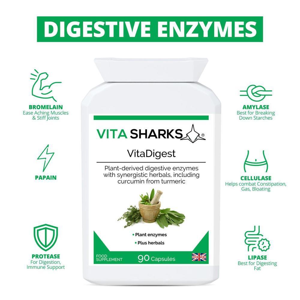 Buy VitaDigest | Digestive Immune Health Vitamin Support Supplement - A high-strength health supplement which combines a broad spectrum range of plant-derived digestive enzymes with carminative, anti-spasmodic and gut-soothing herbs. A unique blend to aid the digestive system naturally and healthily. at Sacred Remedy Online