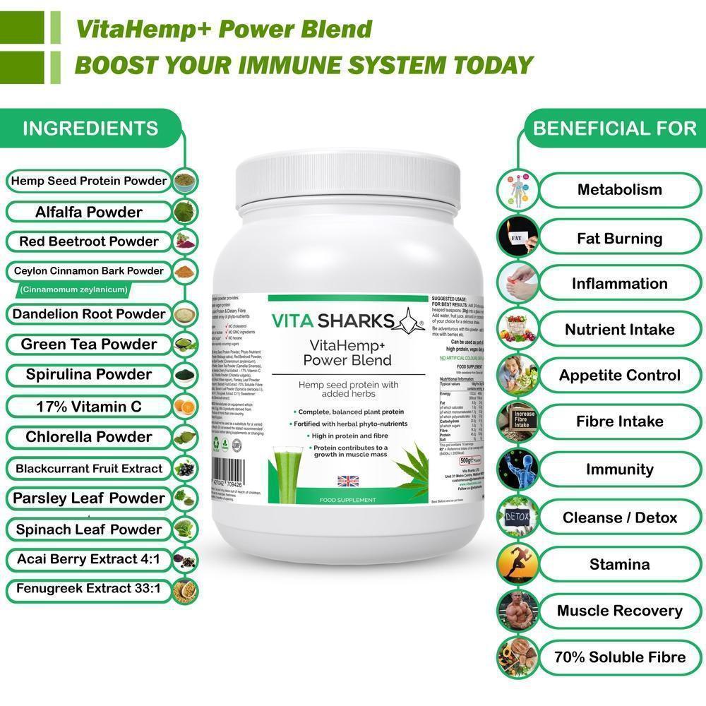 Buy VitaHemp+ Power Blend | Vegan Hemp Meal Shake - A balanced & natural protein from hemp seed, as well as a range of phyto-nutrients from nutritious superfoods & herbs. High in dietary fibre, beneficial for a healthy colon. It beats single-ingredient protein powders hands-down! at Sacred Remedy Online