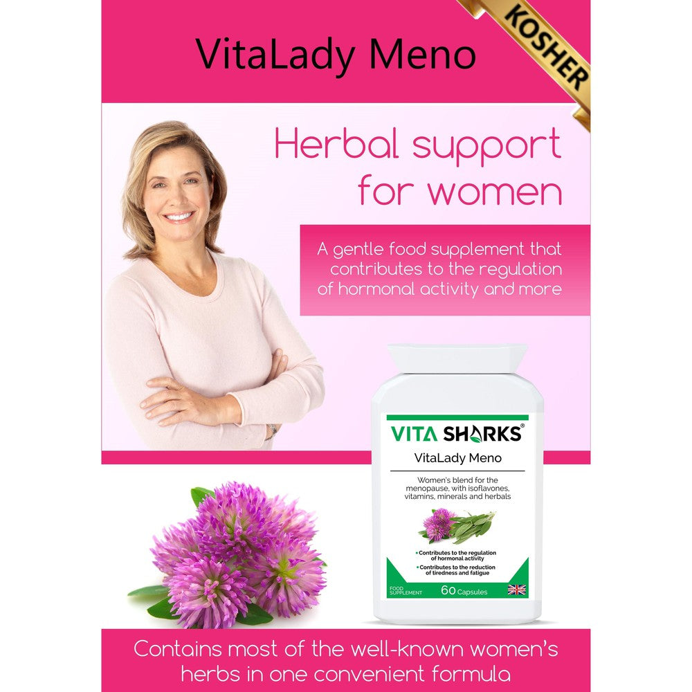 Buy VitaLady Meno | For Menopause & Uncomfortable Cycles - Monthly cycles & the menopause is no fun. Try our natural menopause support to help you feel wonderful. A traditional combination formula, designed to help gently relieve discomfort. May help improve the frequency / intensity of hot flashes and disrupted sleep at night. All natural & plant-based ingredients. at Sacred Remedy Online