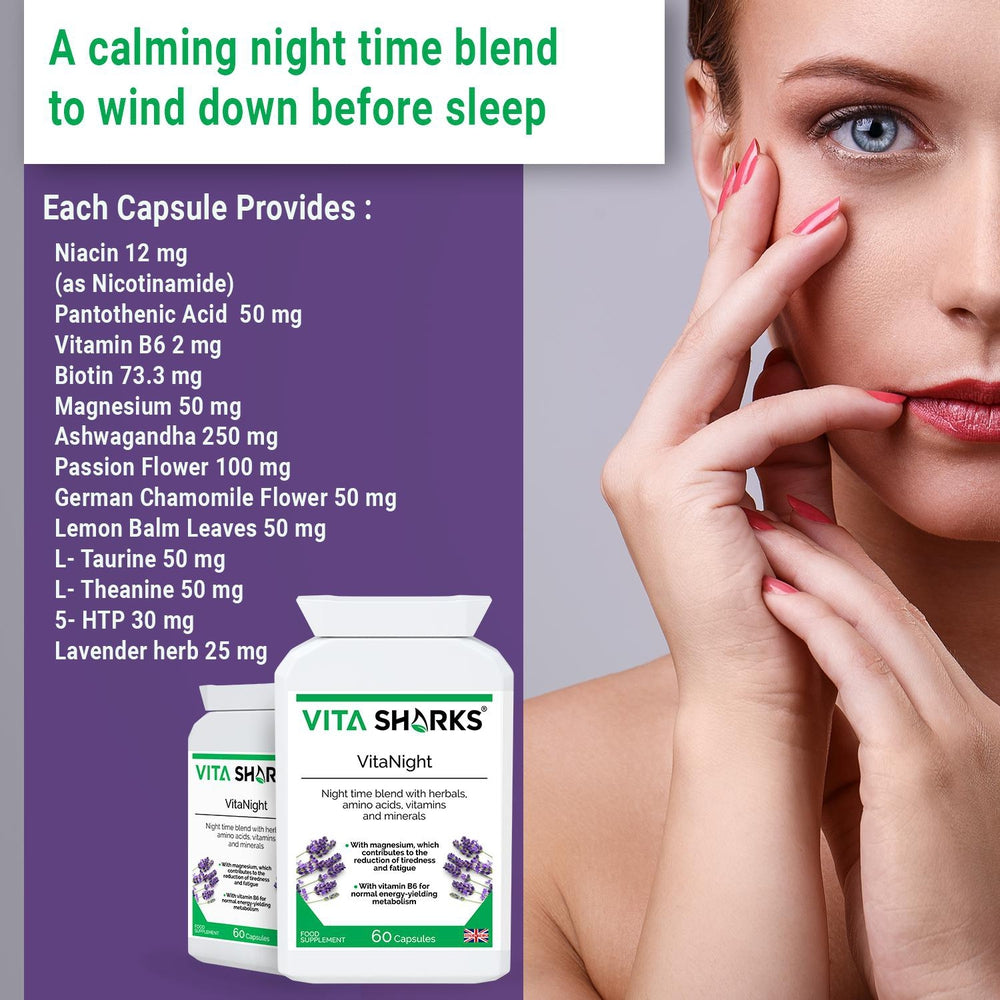 Buy VitaNight | Calming Evening Sleep Wind Down Blend Before Bed - Calming Night time Blend to Wind Down Before Going to bed to Sleep VitaNight is a specialist combination night time blend, with specially selected herbal, amino acid, vitamin and mineral ingredients. Ideal support for winding down in the evenings and waking up feeling refreshed and energised in the mornings. at Sacred Remedy Online