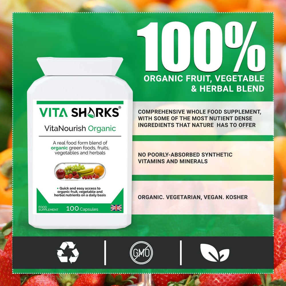 Buy VitaNourish Organic | High Quality UK Whole Food Health Supplement at SacredRemedy.co.uk. Looking for quality Supplement? We stock Vita Sharks Supplements: A comprehensive whole food health supplement, with some of the most nutrient-dense ingredients that nature has to offer: Pre-sprouted activated barley, alfalfa, barley grass, beetroot, bilberry fruit, carrot, dandelion root, green tea leaf, kelp, lemon peel, spinach leaf, spirulina, turmeric and wheatgrass.
