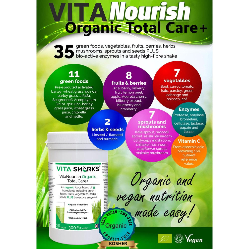 Buy VitaNourish Organic Total Care+ | Quality Health & Vitamin Supplements at SacredRemedy.co.uk. Looking for quality Supplement? We stock Vita Sharks Supplements: 35 green foods, vegetables, fruits, berries, herbs, sprouts, mushrooms & seeds plus bio-active enzymes. Organic vegan nutrition made easy, with food form vitamin C plus plant protein. Great all-round health supplement to support immunity, digestion (bulk), energy levels, cleansing, detoxification alkalising of the body