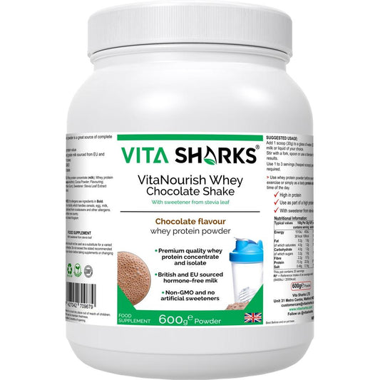 Buy VitaNourish Whey Chocolate Shake | Quality UK Health & Vitamin Support at SacredRemedy.co.uk. Looking for quality Supplement? We stock Vita Sharks Supplements: A premium quality chocolate flavoured whey protein powder, derived from a blend of concentrate & isolate - NO artificial flavours, colours or sweeteners. Providing over 23g of protein & just 2g of fat per 30g serving, contains only the highest grade hormone-free milk, sourced from EU & British cows - no GMOs