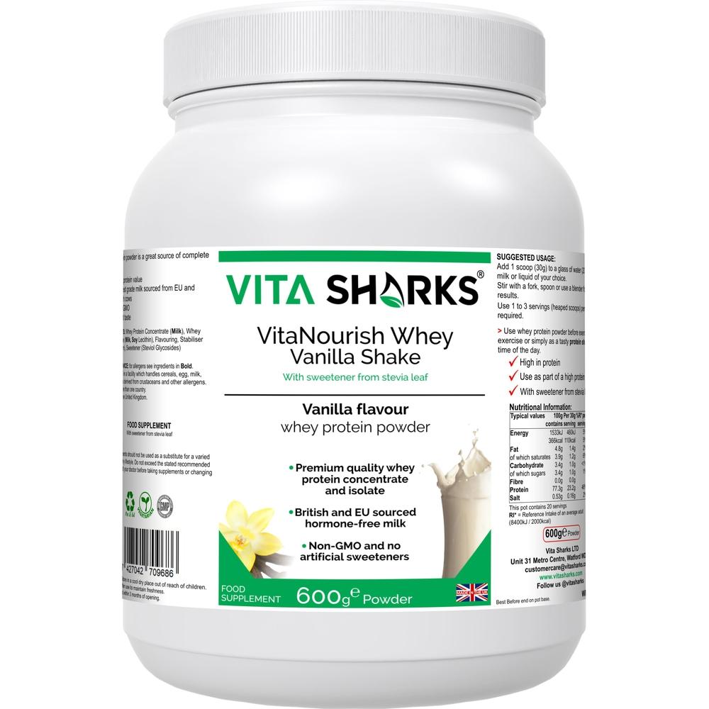 Buy VitaNourish Whey Vanilla Shake | Quality UK Health & Vitamin Support at SacredRemedy.co.uk. Looking for quality Supplement? We stock Vita Sharks Supplements: Can be used before or after exercise, or at any time of day as a protein-rich, muscle building and appetite curbing snack. Derived from a blend of concentrate and isolate - NO artificial flavours, colours or sweeteners. Highest grade hormone-free milk, sourced from EU and British cows - no GMOs.