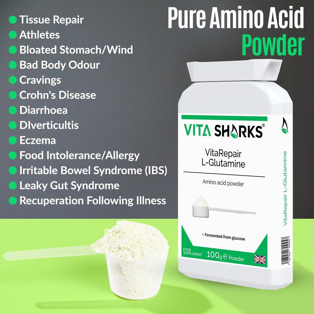 Buy VitaRepair L-Glutamine | High Quality UK Health & Vitamin Supplements at SacredRemedy.co.uk. Looking for quality Supplement? We stock Vita Sharks Supplements: L-Glutamine the natural form of glutamine, is needed for a wide range of repair & maintenance functions, such as wound healing, muscle & bone growth, digestive health & gut wall integrity. This pure amino acid powder is used by athletes following gruelling training routines (it breaks down uric acid from proteins).