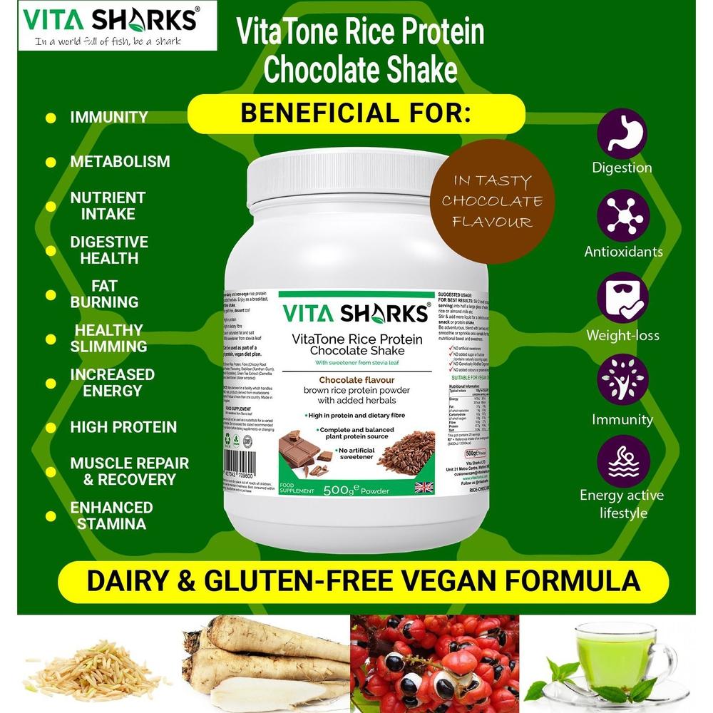 Buy VitaTone Rice Protein Chocolate Shake Health Supplement - To support everything from a healthy colon and stable blood sugar levels, to healthy weight management, a fast metabolism & high energy levels. It is easily digestible and does not cause bloating or flatulence, which many people experience with dairy-based protein powders - an ideal alternative to whey and soya. at Sacred Remedy Online