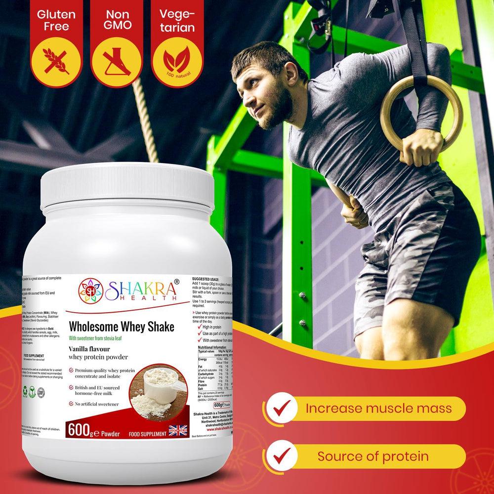 Buy Wholesome Whey Protein Shake (Vanillla) | Shakra Health - Wholesome Whey Shake Vanilla is a protein shake made with whey protein concentrate and isolate, sourced from cows in the EU and Britain. It is gluten-free and contains no artificial sweeteners or colors. Other ingredients include milk, soy lecithin, stevia leaf extract, and xanthan gum. at Sacred Remedy Online