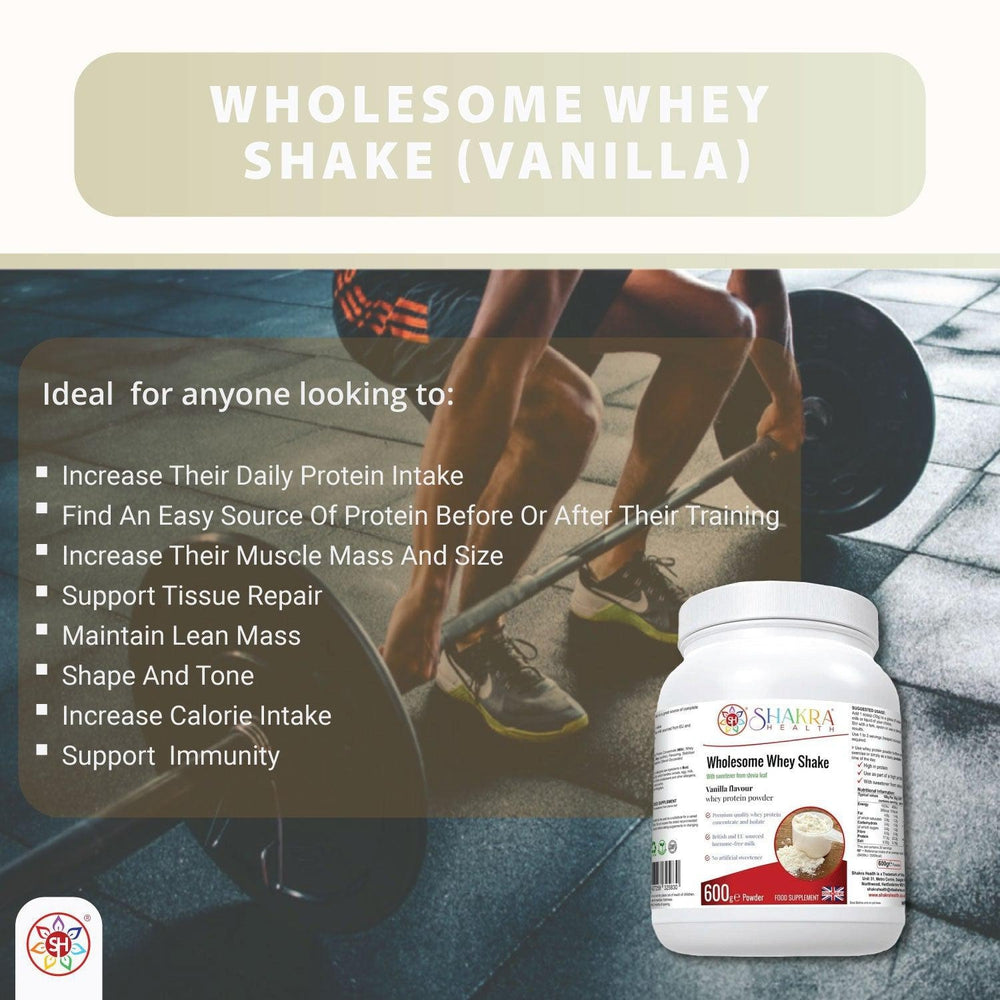Buy Wholesome Whey Protein Shake (Vanillla) | Shakra Health - Wholesome Whey Shake Vanilla is a protein shake made with whey protein concentrate and isolate, sourced from cows in the EU and Britain. It is gluten-free and contains no artificial sweeteners or colors. Other ingredients include milk, soy lecithin, stevia leaf extract, and xanthan gum. at Sacred Remedy Online